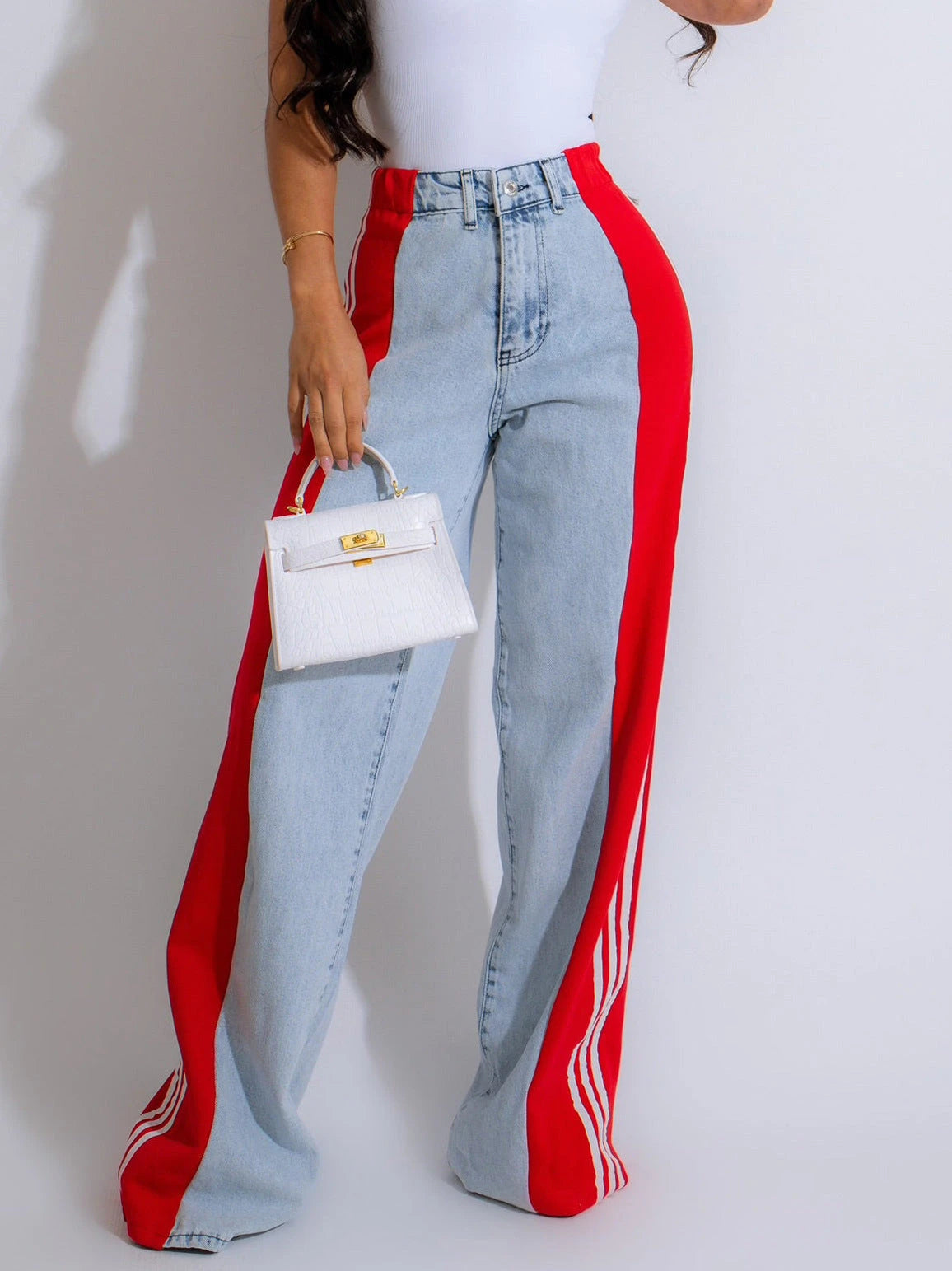 2024 Fashion Casual High Waist Elastic Straight Leg Trousers Three Stripe Patchwork Denim Wide Leg Pants Streetwear 