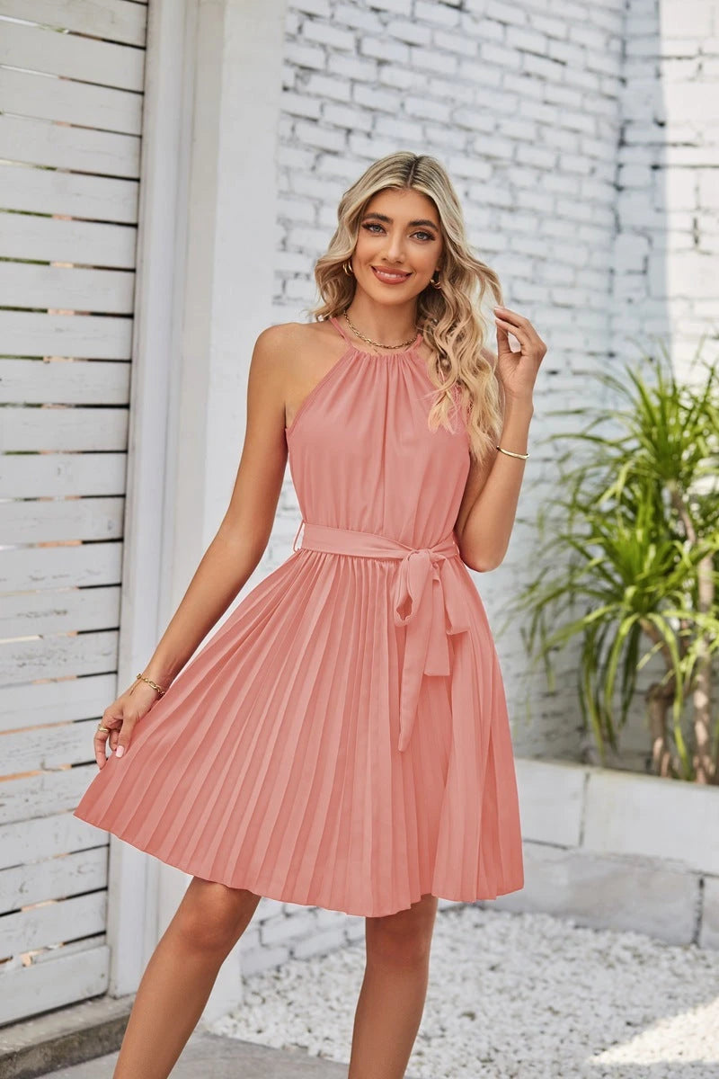 Halter Strapless Dresses For Women Solid Pleated Skirt Summer Beach Sundress 