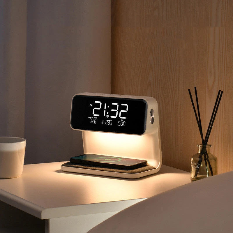 Creative 3 In 1 Bedside Lamp Wireless Charging LCD Screen Alarm Clock  Wireless Phone Charger 