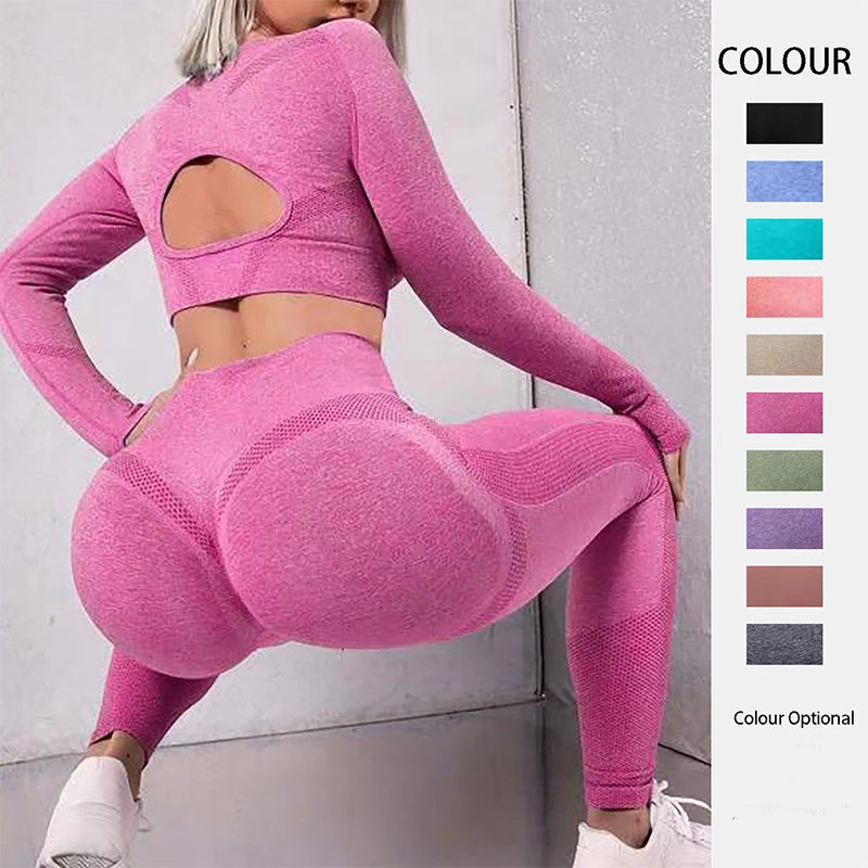 2pcs Sports Suits Long Sleeve Hollow Design Tops And Butt Lifting High Waist Seamless Fitness Leggings Sports Gym Sportswear Outfits Clothing 