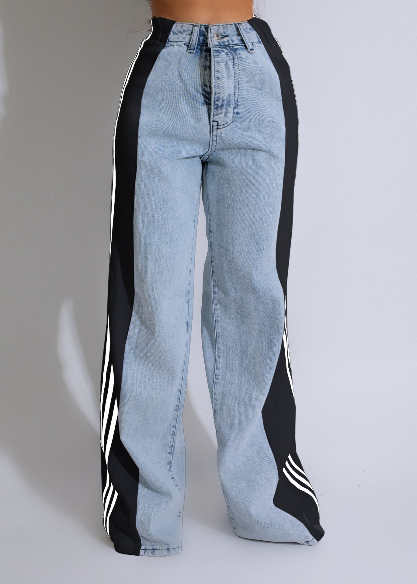 2024 Fashion Casual High Waist Elastic Straight Leg Trousers Three Stripe Patchwork Denim Wide Leg Pants Streetwear 