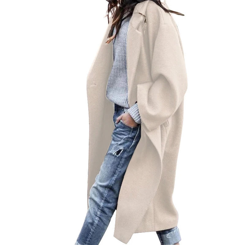 Casual Long Jacket With Pockets Solid Color Single Breasted Lapel Woolen Coat For Women Warm Winter Clothing 