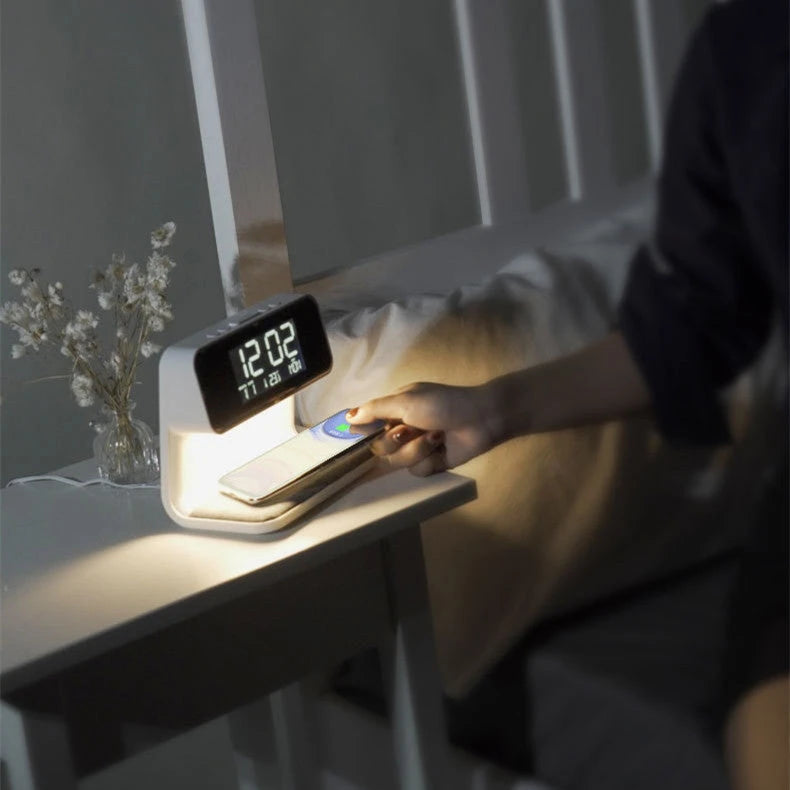 Creative 3 In 1 Bedside Lamp Wireless Charging LCD Screen Alarm Clock  Wireless Phone Charger 