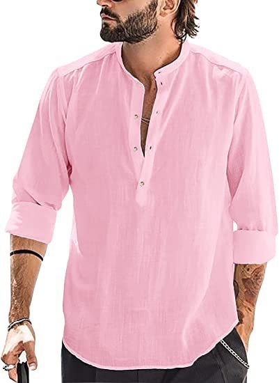 Men's Casual Stand-up Collar Door Barrel Solid Color Long-sleeved Shirt