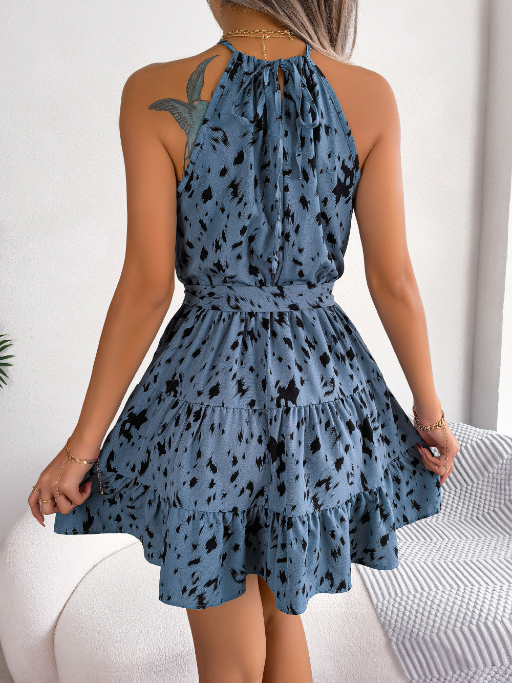 Casual Leopard Print Ruffled Swing Dress Summer Fashion Beach Dresses Women 