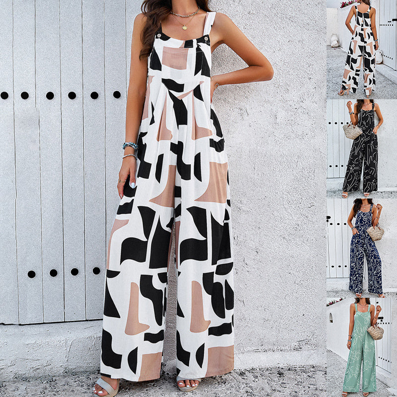 Fashion Print Square Neck Jumpsuit With Pockets Spring Summer Casual Loose Overalls Womens Clothing 