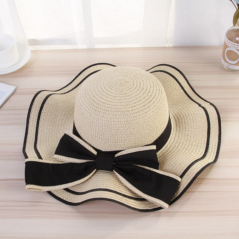 Summer Sun Hat Women Straw Hats Sunshade Panama  Fashion Bow Beach Hat Foldable Travel Caps 