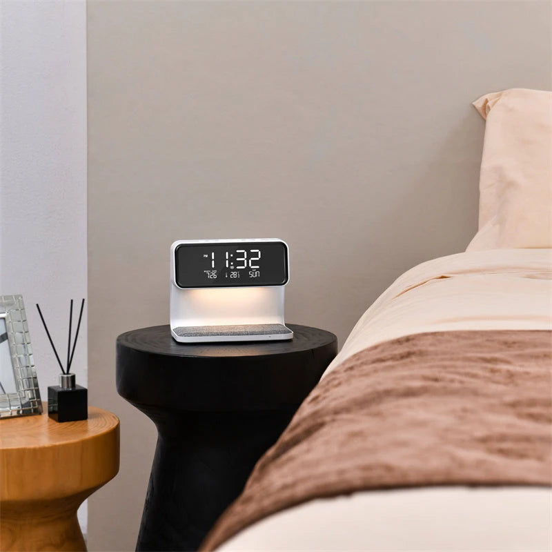 Creative 3 In 1 Bedside Lamp Wireless Charging LCD Screen Alarm Clock  Wireless Phone Charger 