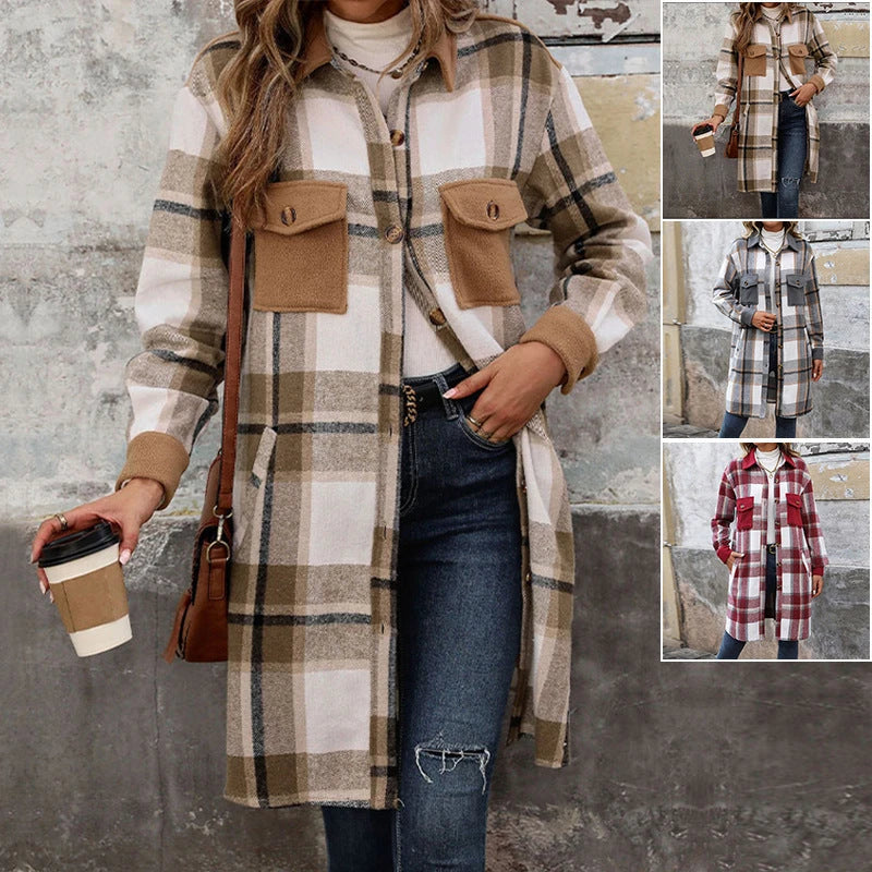 New Brushed Plaid Long Coat With Pockets Fashion Winter Jacket Outwear Women's Clothing 