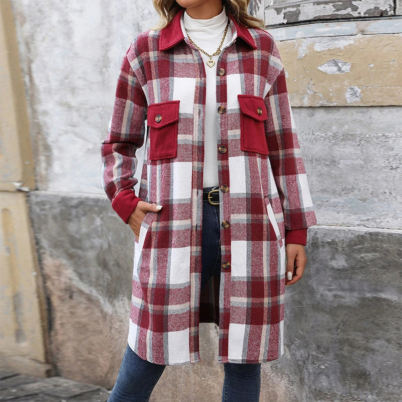 New Brushed Plaid Long Coat With Pockets Fashion Winter Jacket Outwear Women's Clothing 