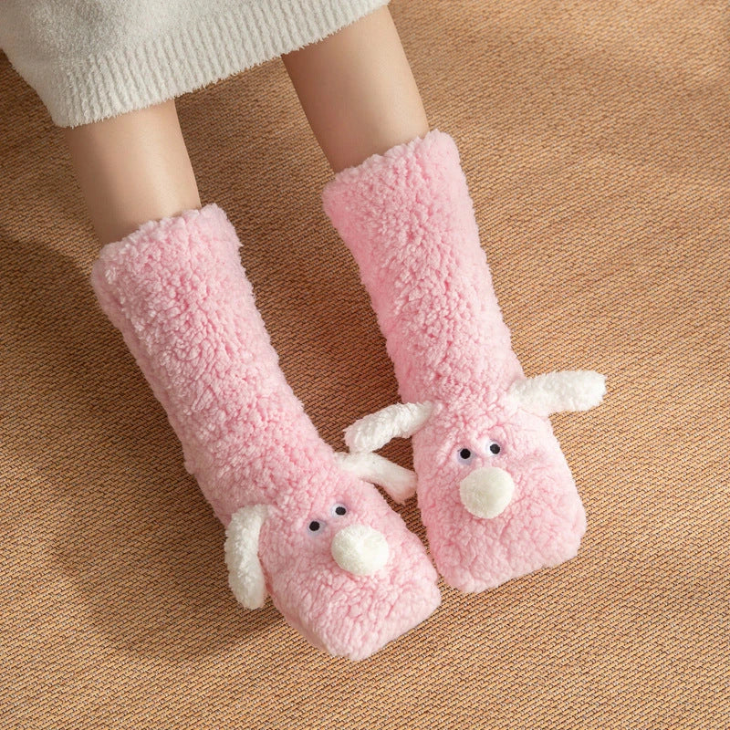 Cute Cartoon Dog Floor Socks Winter Warm Non-slip Plush Socks For Women 