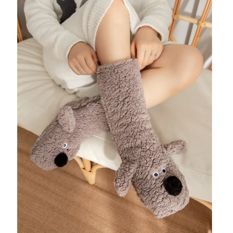 Cute Cartoon Dog Floor Socks Winter Warm Non-slip Plush Socks For Women 