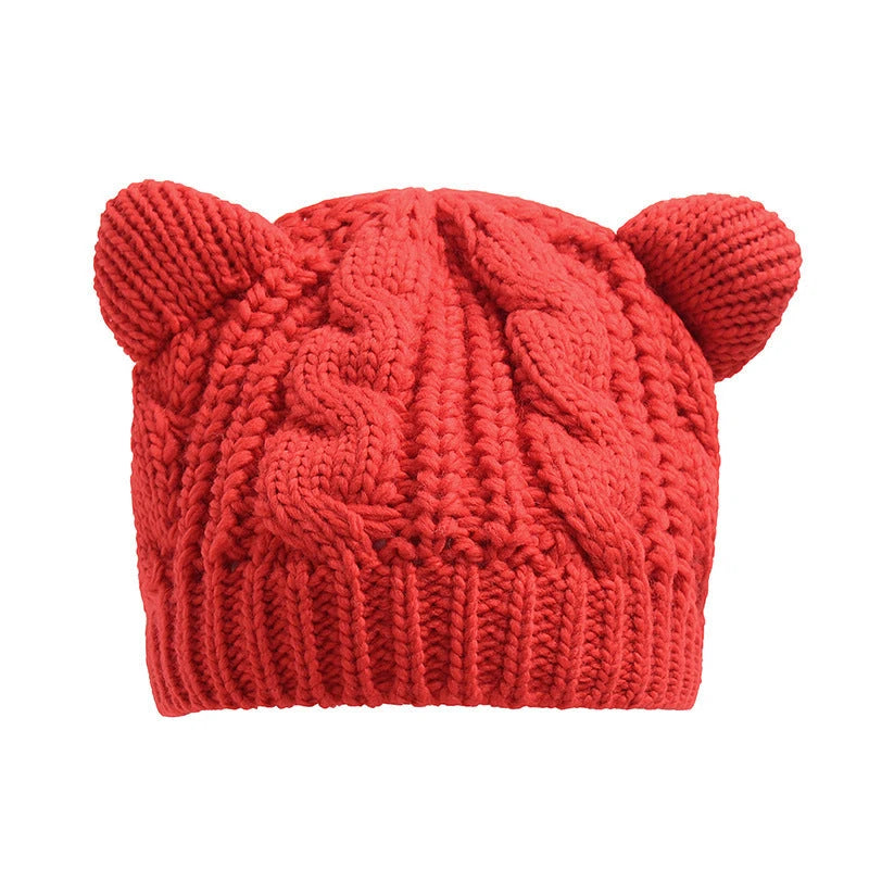 Hand Made 3D Cute Knitted Cat Ear Beanie For Winter 