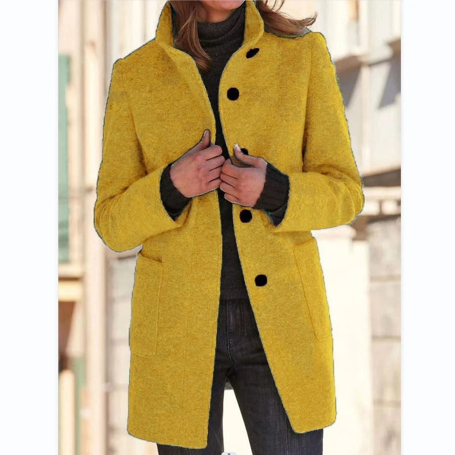 Fashion Stand Collar Woolen Coat With Pockets Fall Winter Casual Button Outwear For Women Clothing 