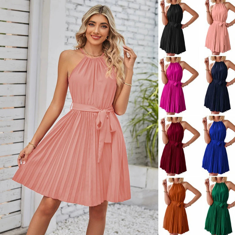 Halter Strapless Dresses For Women Solid Pleated Skirt Summer Beach Sundress 