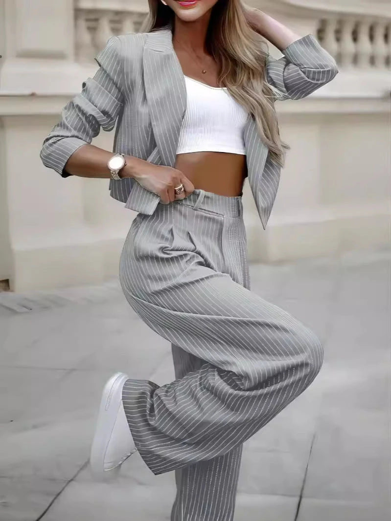 Fashion Striped Suits Casual Lapel Long Sleeve Cropped Top And Straight Pants Outfits Women's Clothing 