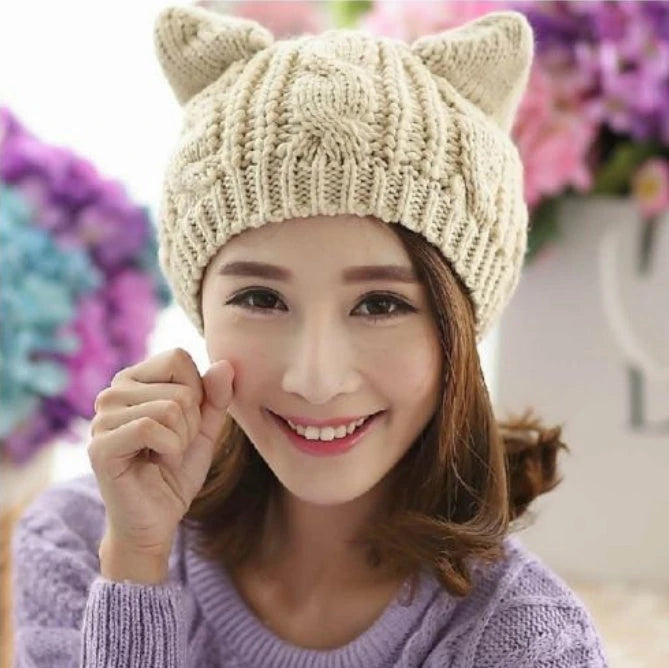 Hand Made 3D Cute Knitted Cat Ear Beanie For Winter 