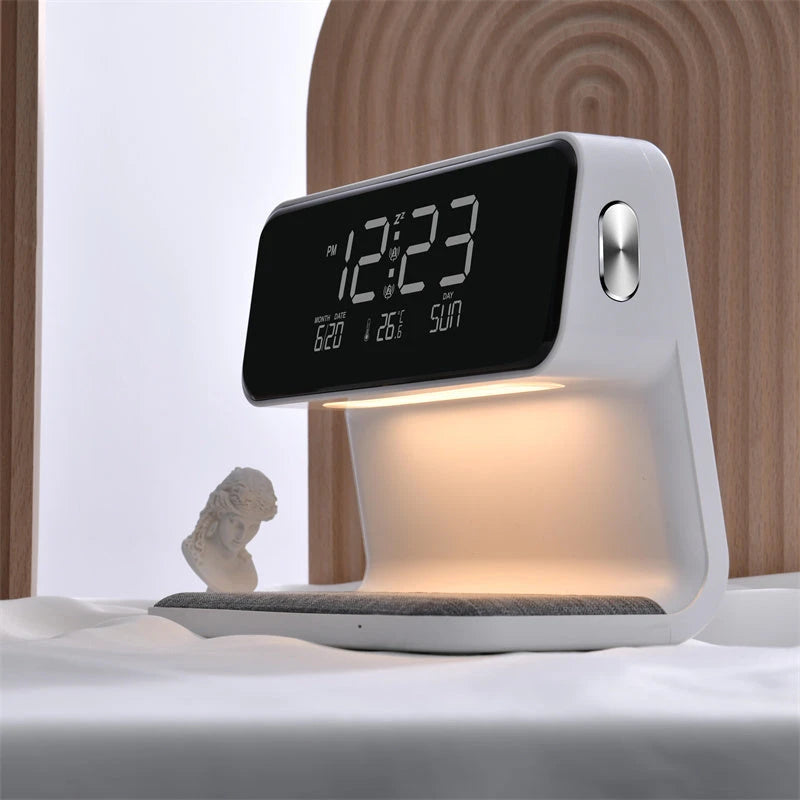 Creative 3 In 1 Bedside Lamp Wireless Charging LCD Screen Alarm Clock  Wireless Phone Charger 