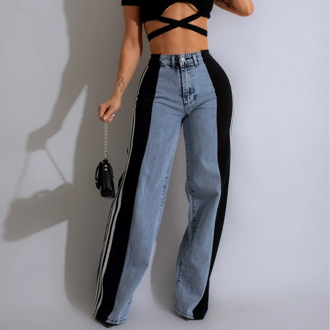 2024 Fashion Casual High Waist Elastic Straight Leg Trousers Three Stripe Patchwork Denim Wide Leg Pants Streetwear 