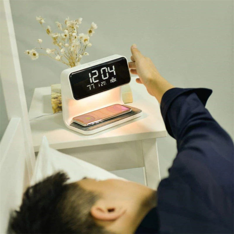 Creative 3 In 1 Bedside Lamp Wireless Charging LCD Screen Alarm Clock  Wireless Phone Charger 