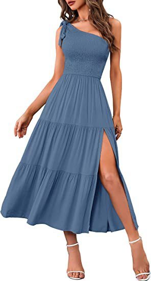 New Summer Fashion Women's One-shoulder Pleated Layered Hem Split Dress