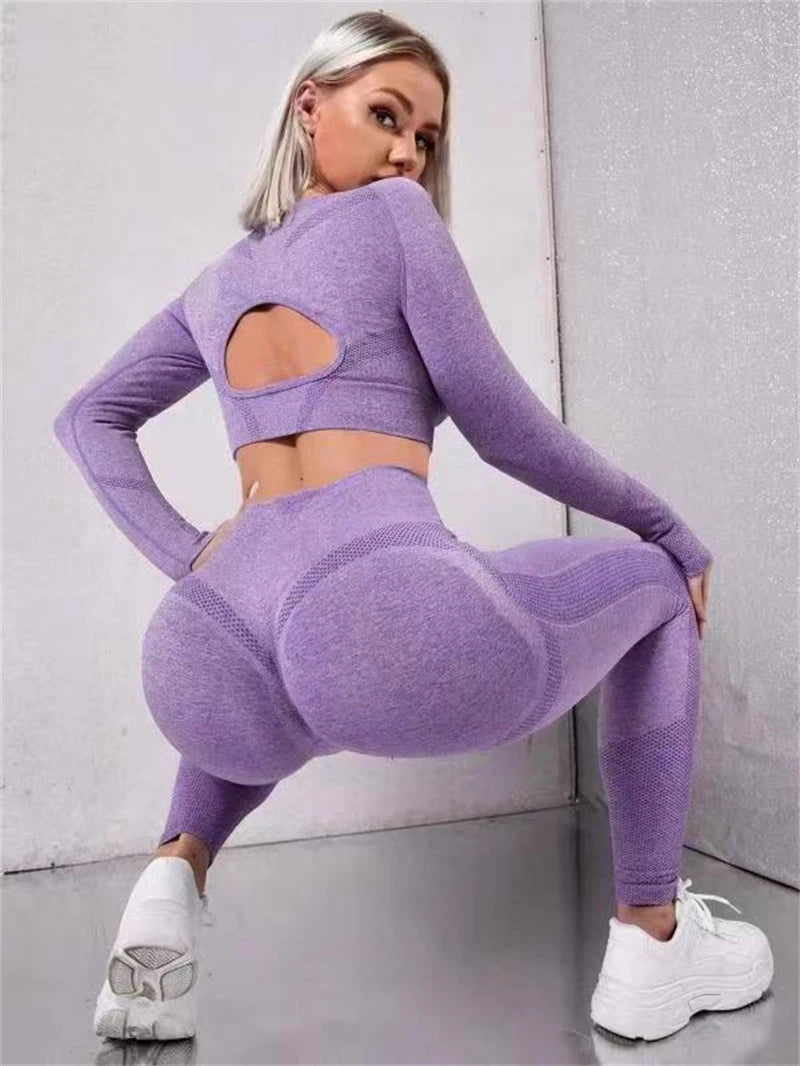 2pcs Sports Suits Long Sleeve Hollow Design Tops And Butt Lifting High Waist Seamless Fitness Leggings Sports Gym Sportswear Outfits Clothing 