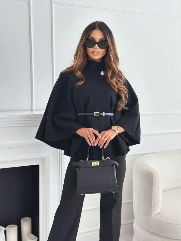 New Stand Collar Batwing Sleeves Cloak Top With Belt Ins Fashion Temperament Jacket Woolen Sweater Outwear For Women Clothing 