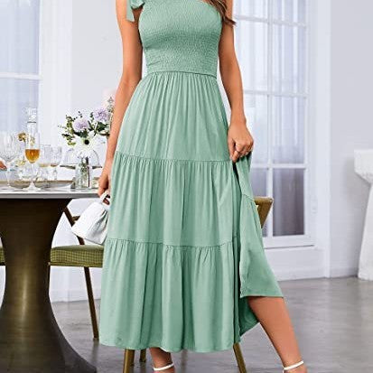 New Summer Fashion Women's One-shoulder Pleated Layered Hem Split Dress