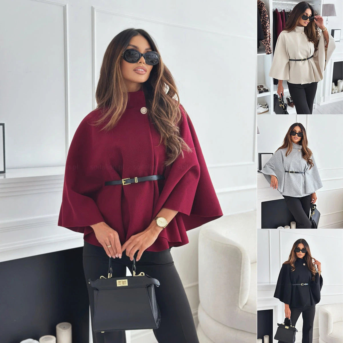 New Stand Collar Batwing Sleeves Cloak Top With Belt Ins Fashion Temperament Jacket Woolen Sweater Outwear For Women Clothing 