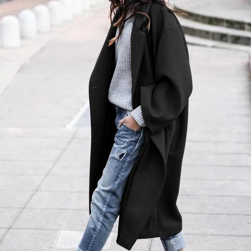 Casual Long Jacket With Pockets Solid Color Single Breasted Lapel Woolen Coat For Women Warm Winter Clothing 