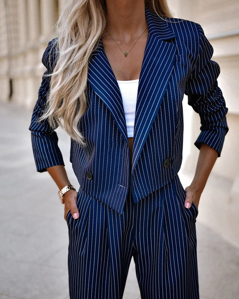 Fashion Striped Suits Casual Lapel Long Sleeve Cropped Top And Straight Pants Outfits Women's Clothing 