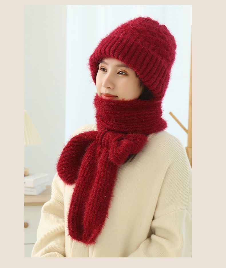 Women's Fleece-lined Scarf And Hat Winter Warm Knitted Hat Scarf 