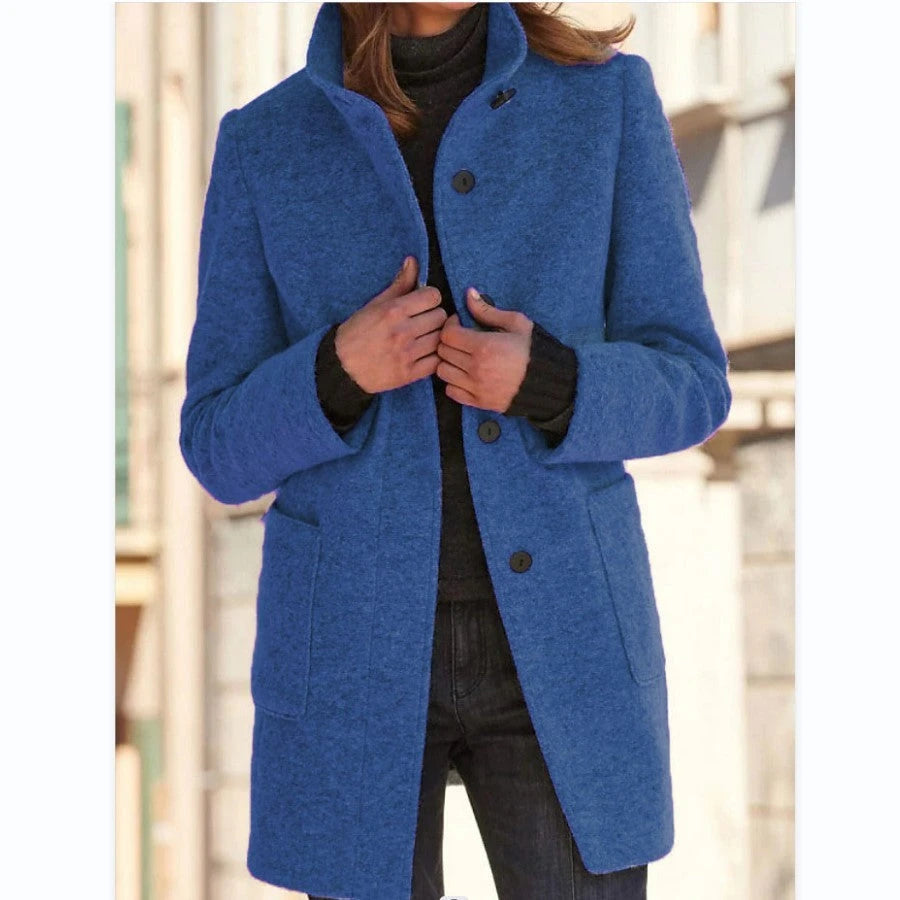 Fashion Stand Collar Woolen Coat With Pockets Fall Winter Casual Button Outwear For Women Clothing 