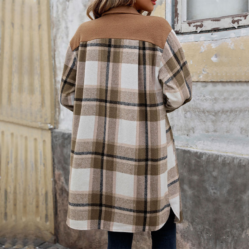 New Brushed Plaid Long Coat With Pockets Fashion Winter Jacket Outwear Women's Clothing 