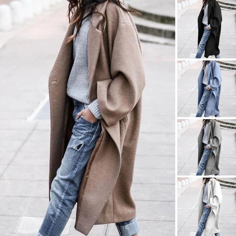 Casual Long Jacket With Pockets Solid Color Single Breasted Lapel Woolen Coat For Women Warm Winter Clothing 