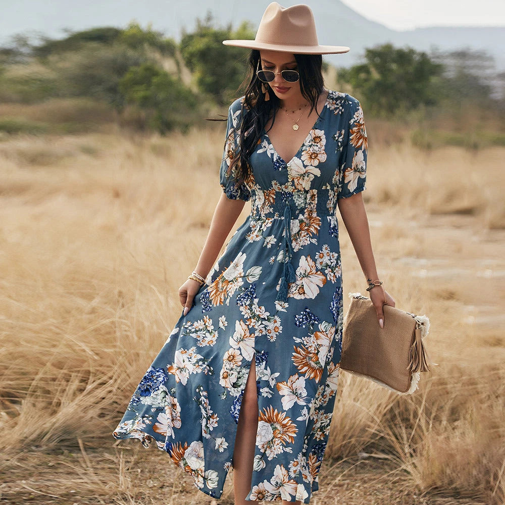 Floral Summer Beach Dress With V Neck Elastic Waist Dresses For Women 