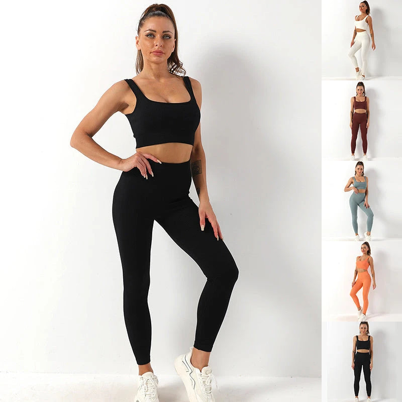 2pcs Thread Yoga Suit Seamless Bra And Butt Lifting High Waist Leggings Set For Women Sports Fitness Yoga Pants Sportswear Outfits Clothing 