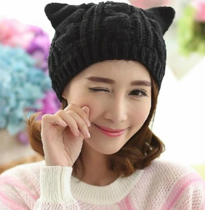 Hand Made 3D Cute Knitted Cat Ear Beanie For Winter 