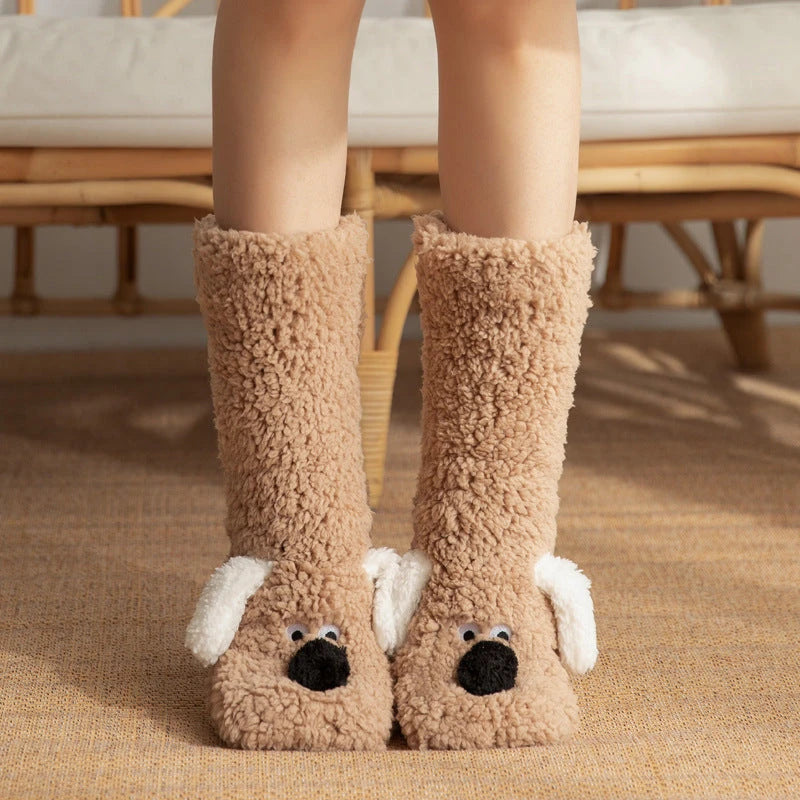 Cute Cartoon Dog Floor Socks Winter Warm Non-slip Plush Socks For Women 