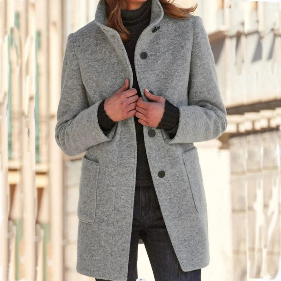 Fashion Stand Collar Woolen Coat With Pockets Fall Winter Casual Button Outwear For Women Clothing 