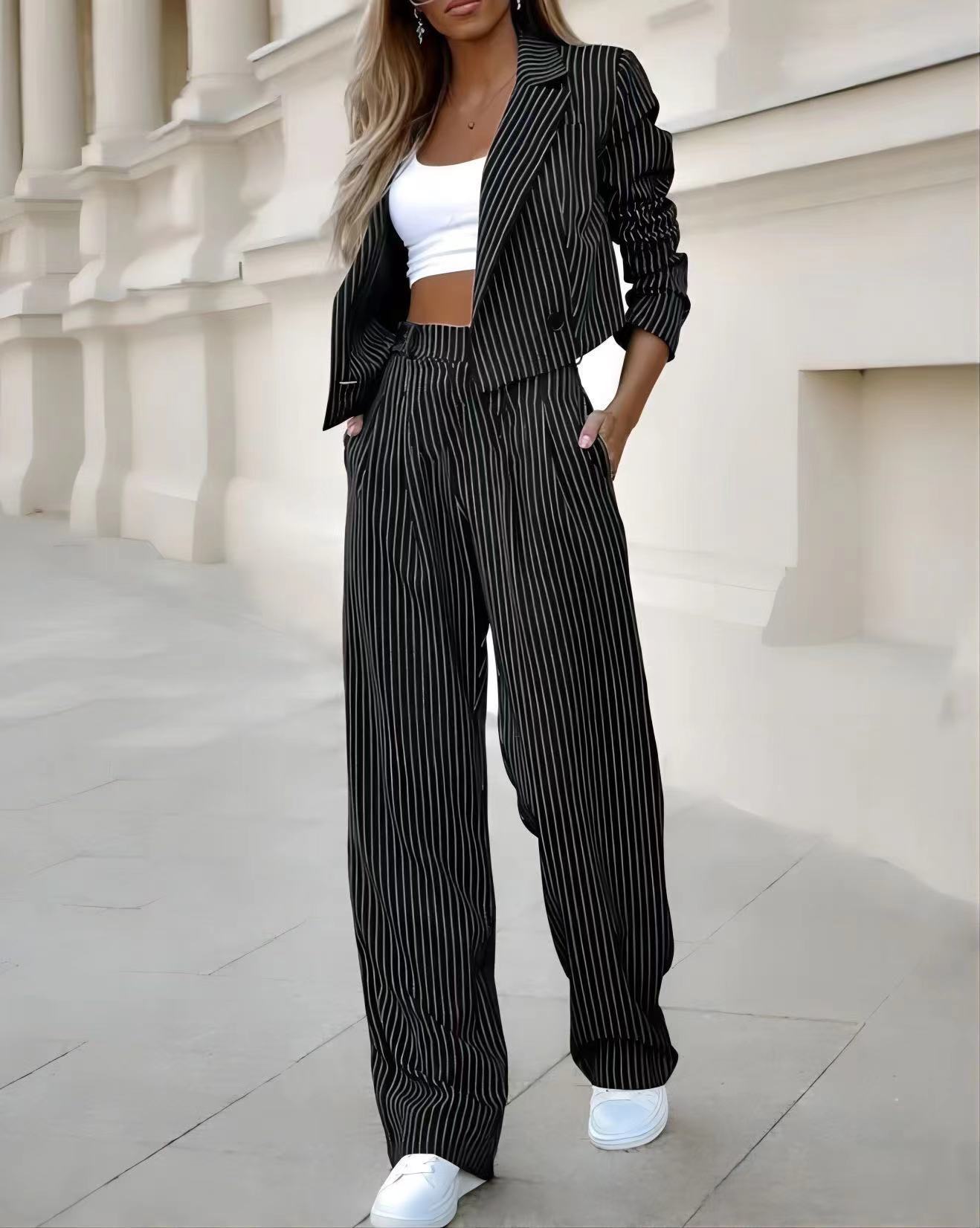 Fashion Striped Suits Casual Lapel Long Sleeve Cropped Top And Straight Pants Outfits Women's Clothing 