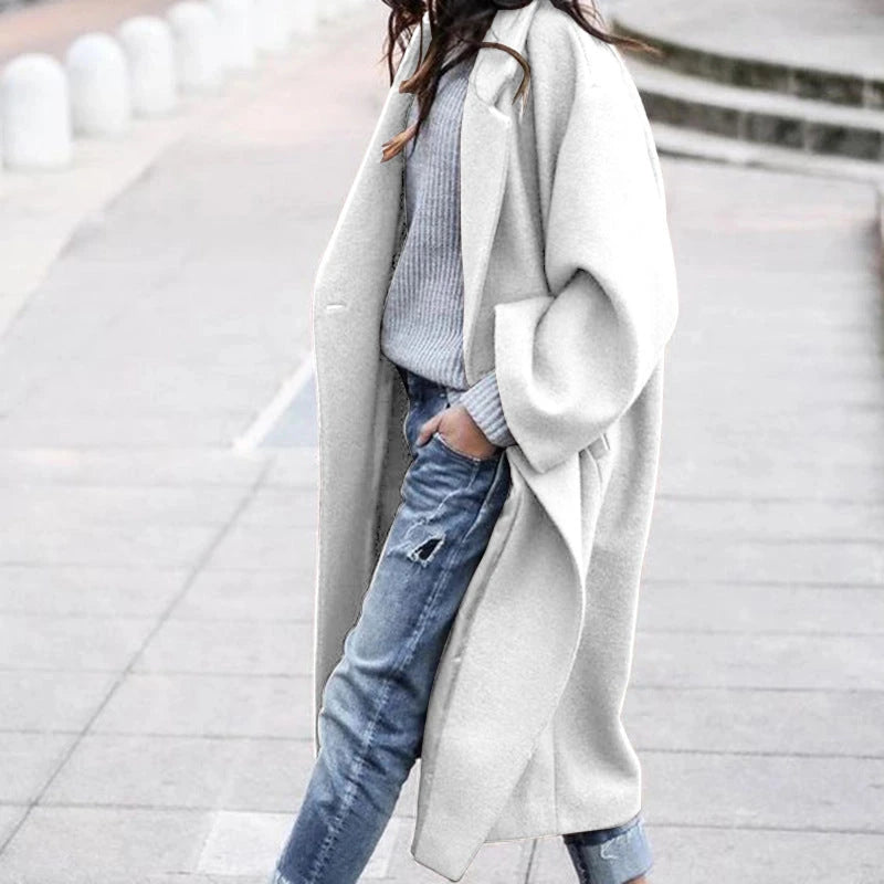 Casual Long Jacket With Pockets Solid Color Single Breasted Lapel Woolen Coat For Women Warm Winter Clothing 