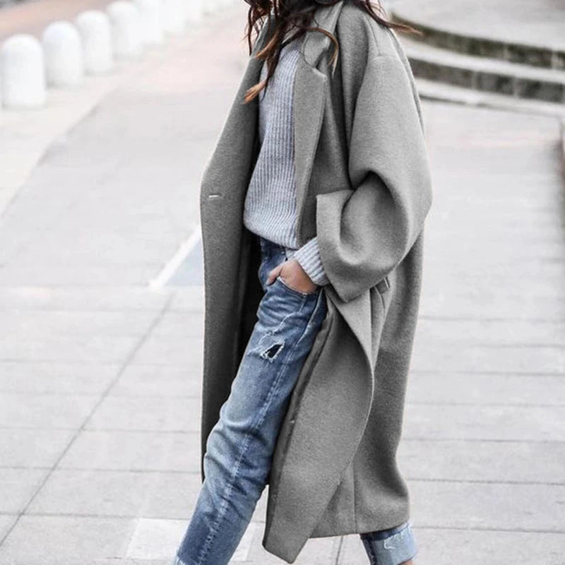 Casual Long Jacket With Pockets Solid Color Single Breasted Lapel Woolen Coat For Women Warm Winter Clothing 