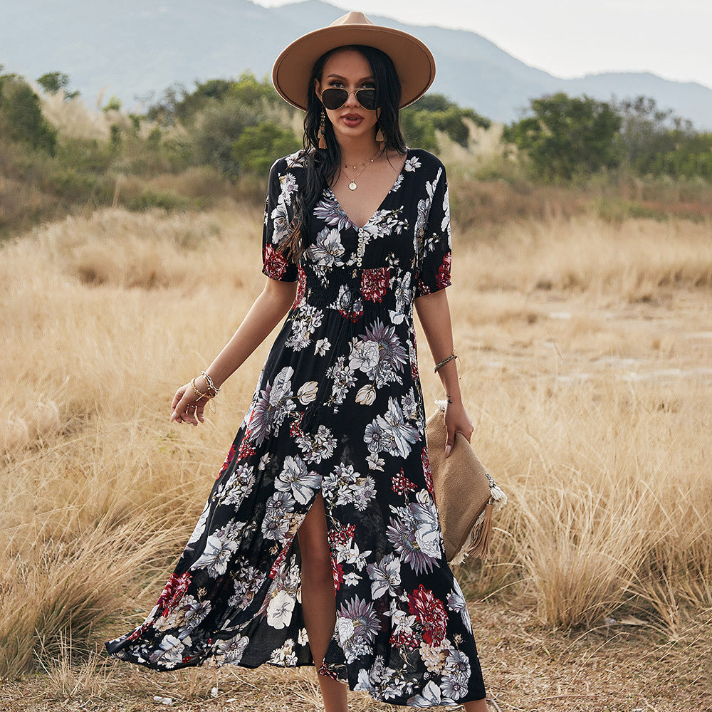 Floral Summer Beach Dress With V Neck Elastic Waist Dresses For Women 