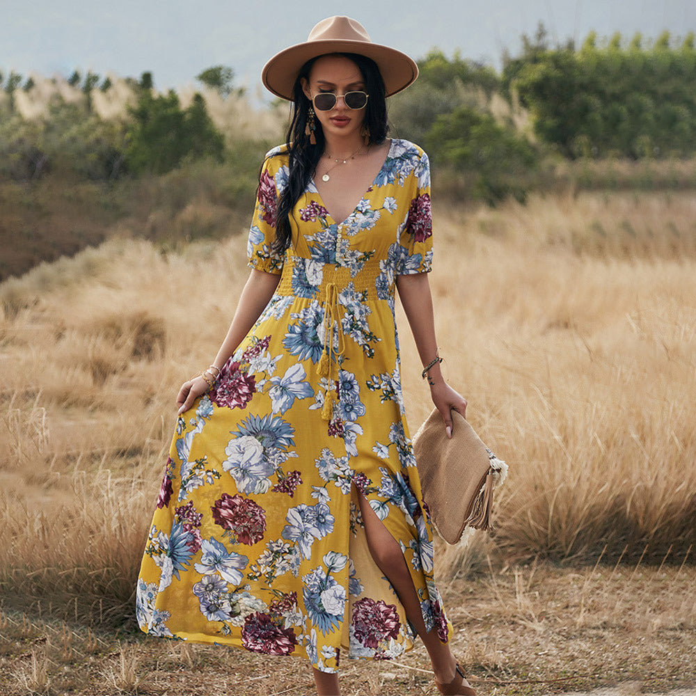 Floral Summer Beach Dress With V Neck Elastic Waist Dresses For Women 