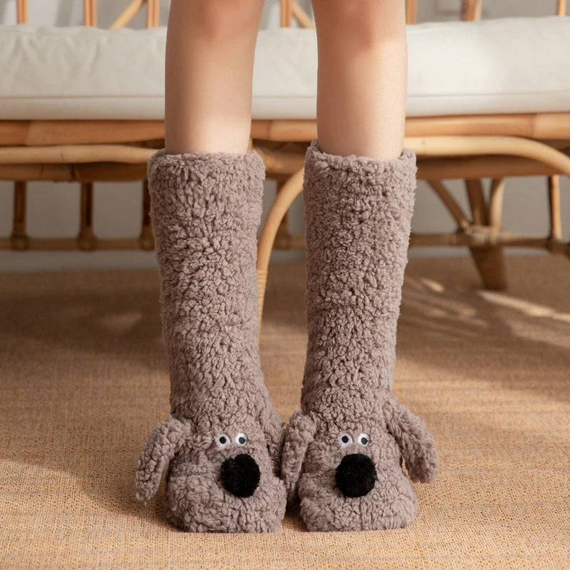 Cute Cartoon Dog Floor Socks Winter Warm Non-slip Plush Socks For Women 