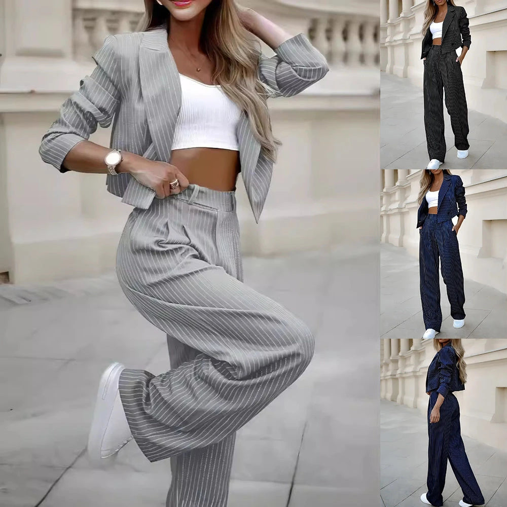 Fashion Striped Suits Casual Lapel Long Sleeve Cropped Top And Straight Pants Outfits Women's Clothing 