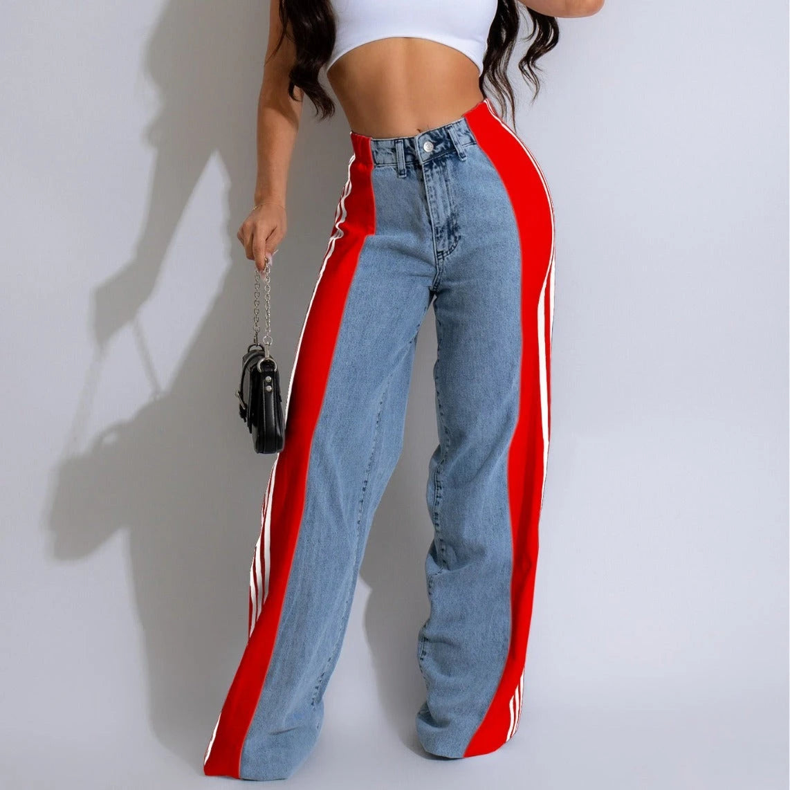 2024 Fashion Casual High Waist Elastic Straight Leg Trousers Three Stripe Patchwork Denim Wide Leg Pants Streetwear 