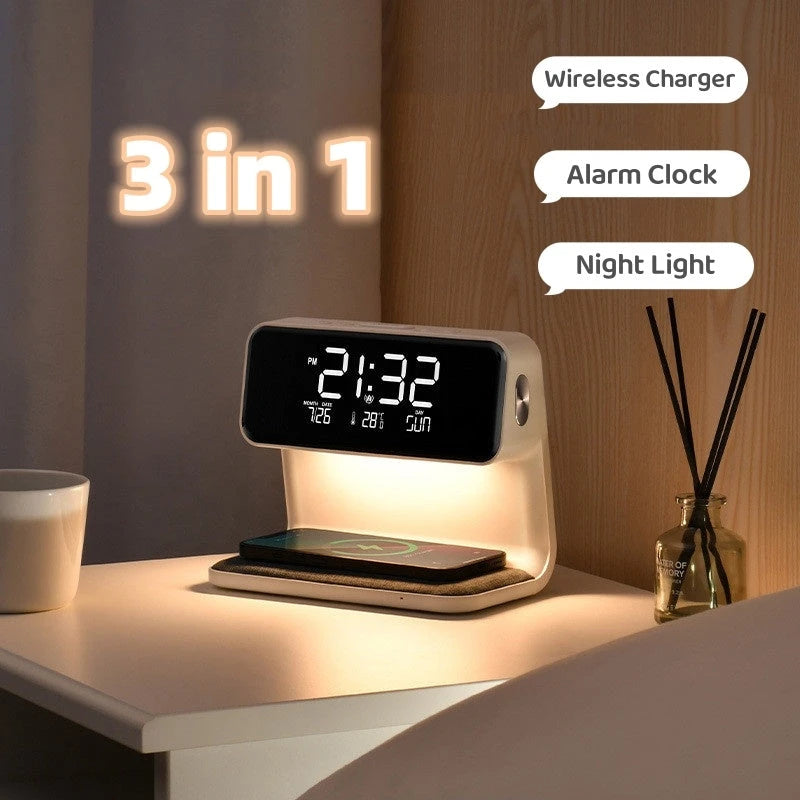 Creative 3 In 1 Bedside Lamp Wireless Charging LCD Screen Alarm Clock  Wireless Phone Charger 