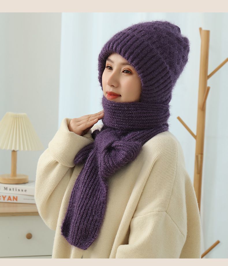 Women's Fleece-lined Scarf And Hat Winter Warm Knitted Hat Scarf 